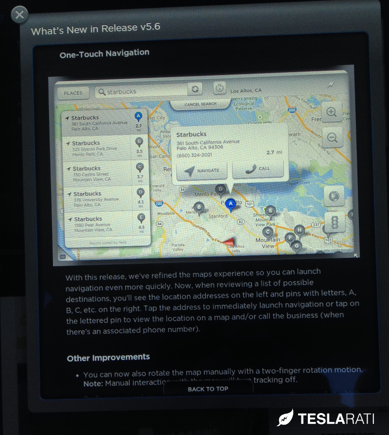 Tesla Model S Firmware 5.6 One Touch Navigation