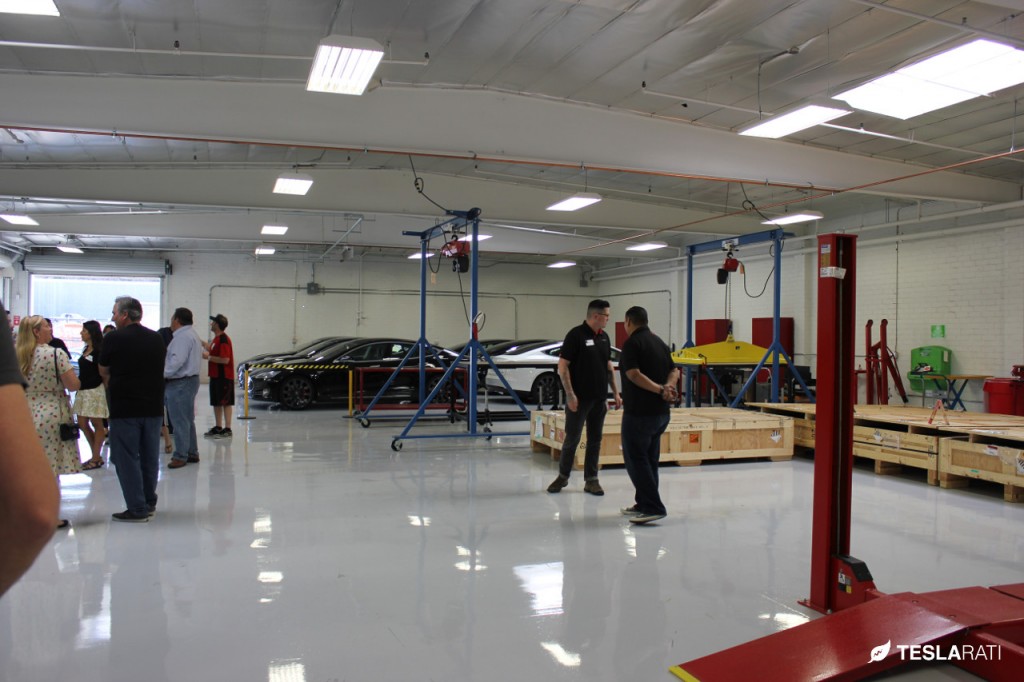 Model S battery packs housed in wooden crates at the Tesla Service Center in Los Angeles, CA