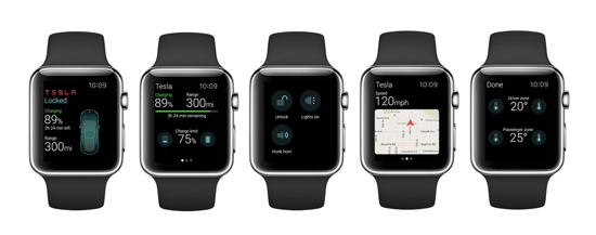 The Tesla Motors Apple Watch app offers four screens that offer control and monitoring capability. (Source: ELEKS)