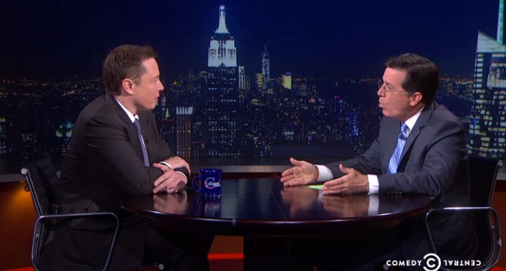 Stephen Colbert interviews Tesla CEO Elon Musk on Comedy Central's Colbert Report [Source: Comedy Central]