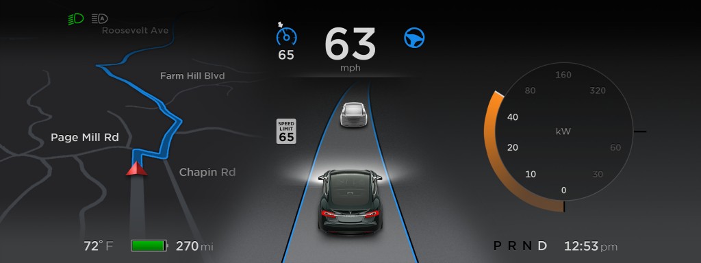 Tesla Autopilot Version 7.0 Dashboard Display [Source: Tesla Motors]