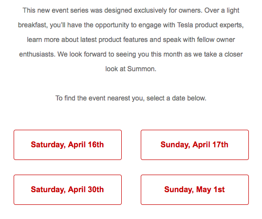 Tesla Weekend Social Event Dates