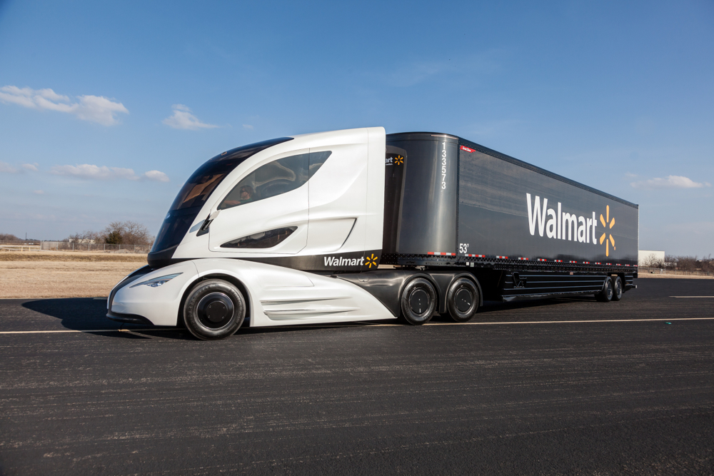 Walmart's WAVE concept truck features an electric powertrain and lightweight carbon fiber trailer