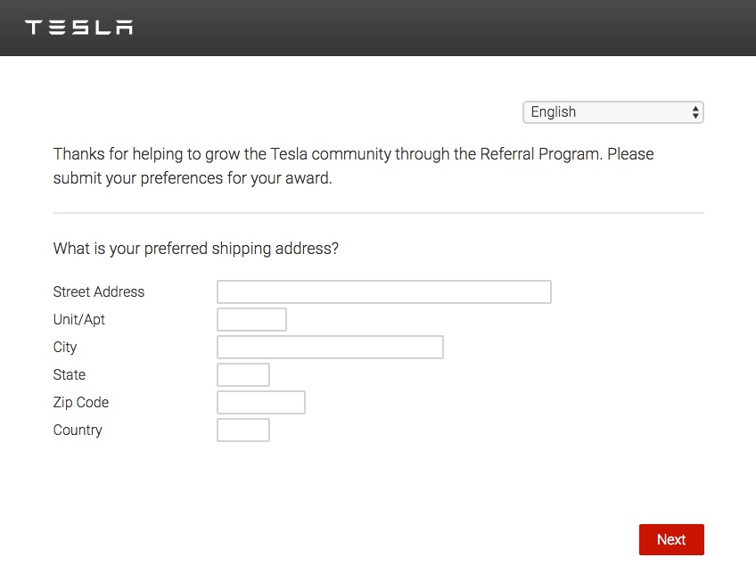 Tesla Referral Program shipping address form