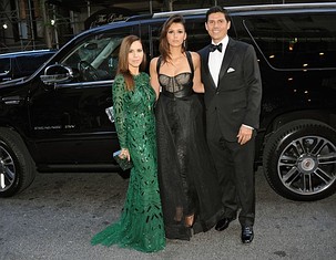 NEW YORK, NY – MAY 06: (L-R)  Monique Lhuiller, Nina Dobrev and Tom Bugbee head to Met Gala in a Cadillac Escalade on May 6, 2013 in New York City.