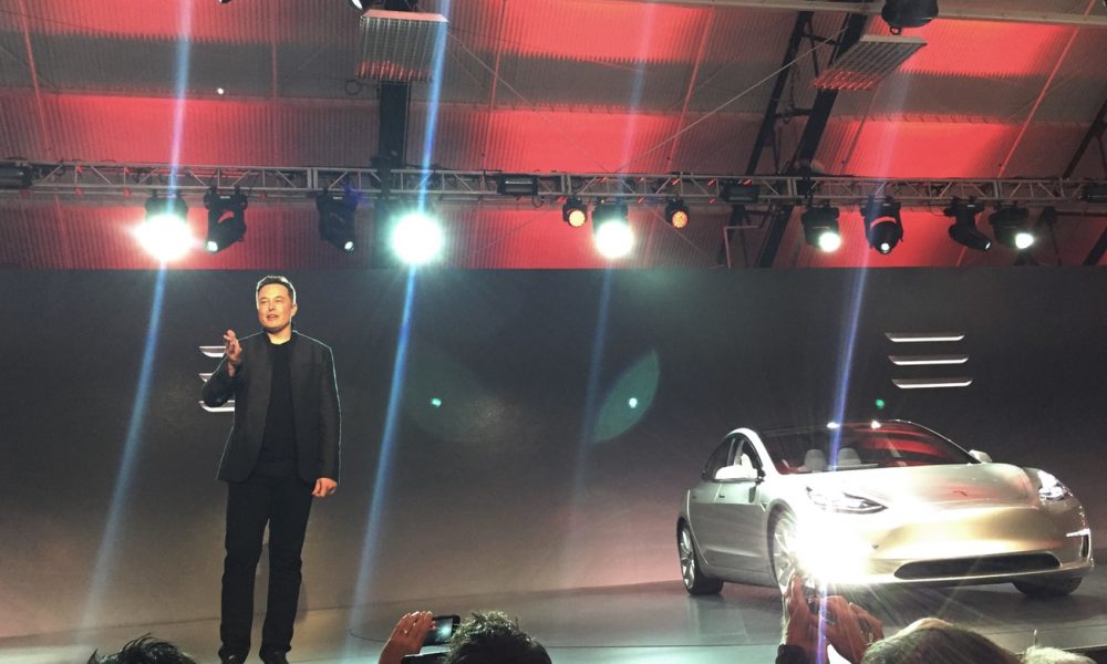 Elon Musk presents the Model 3 at Hawthorne, CA