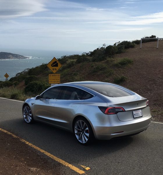 Silver Tesla Model 3 overlooking SF bay
