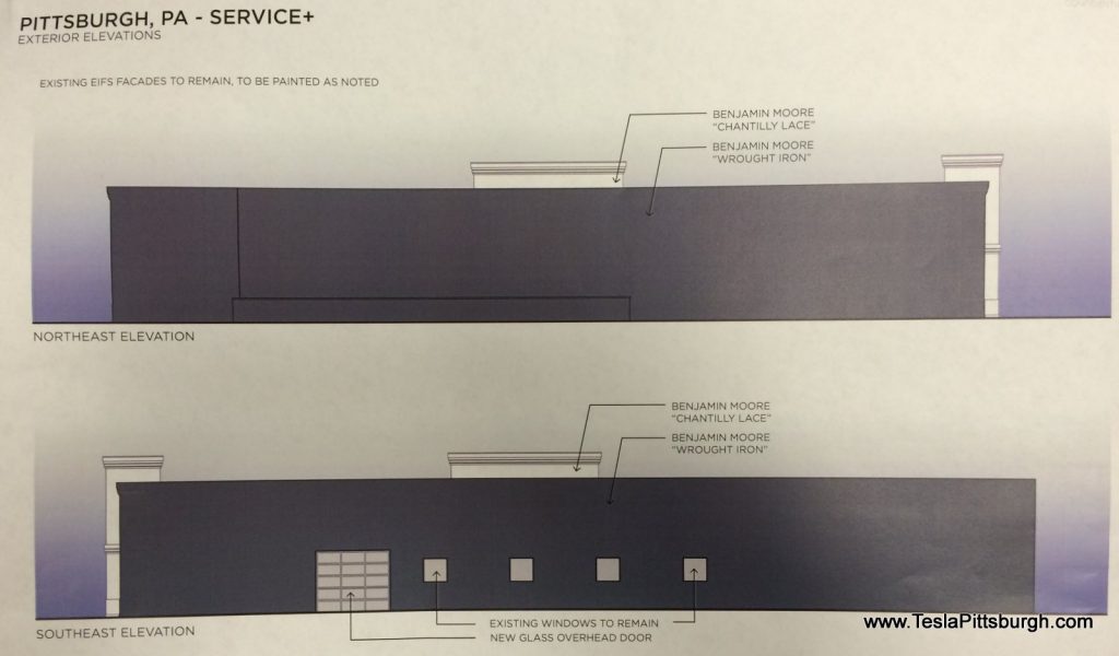 pittsburgh tesla service center rear facade elevations