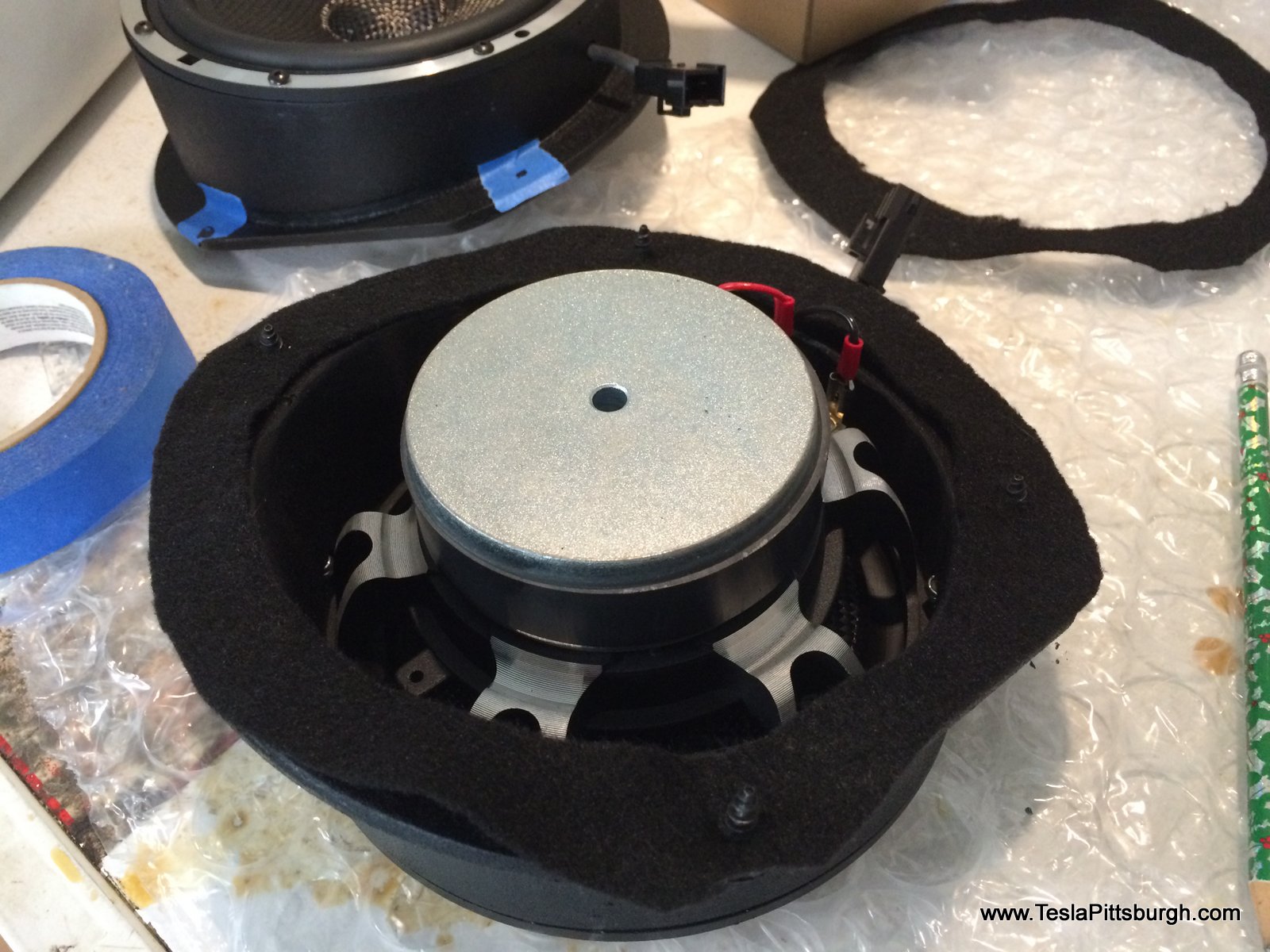 light harmonic labs speaker with felt gasket and screws in place tesla pittsburgh