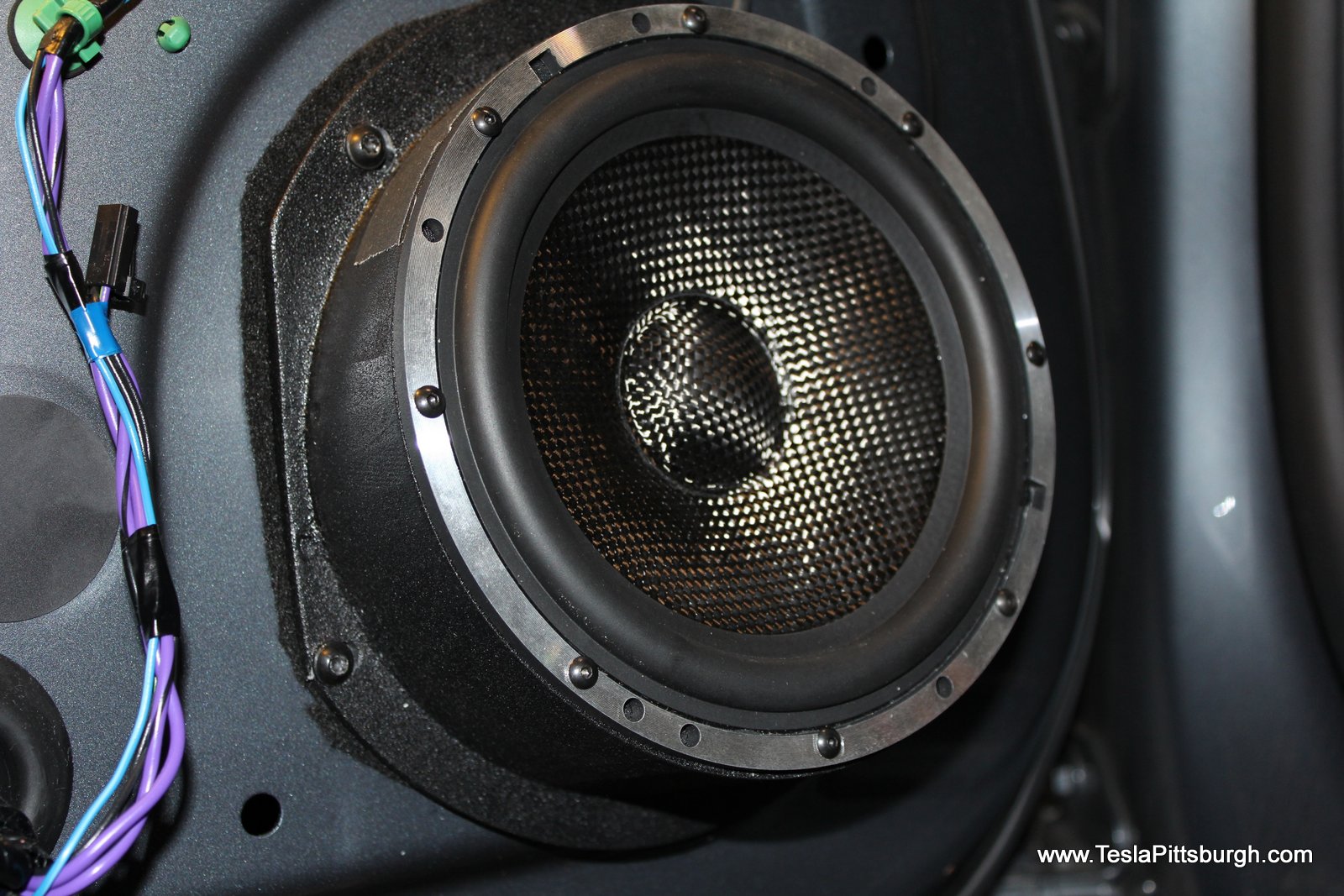 light harmonic speaker mounted in door with felt tesla pittsburgh