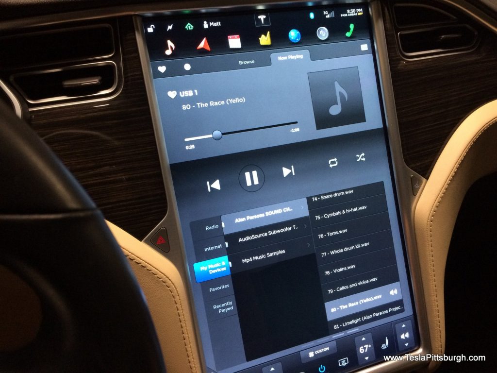 touchscreen showing test clips used for speaker test tesla pittsburgh