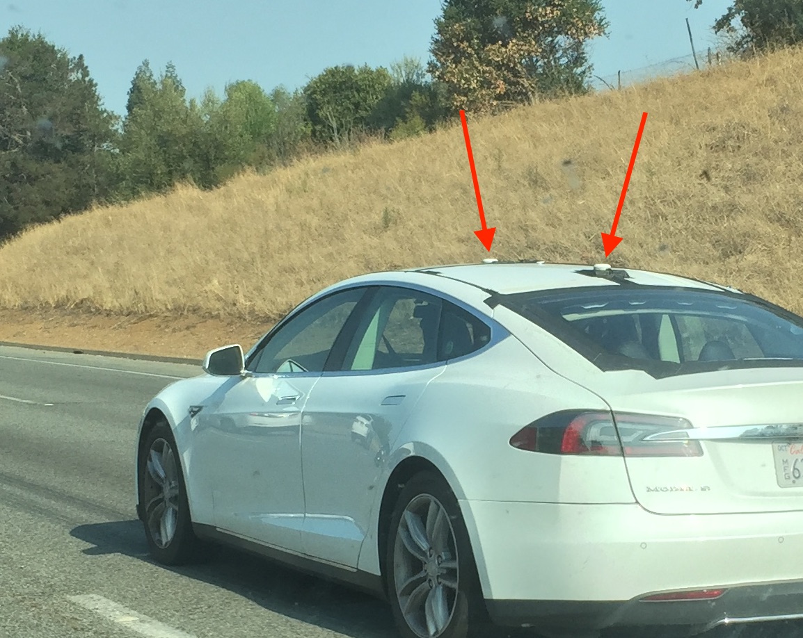 Tesla Model S testing with LIDAR pucks near HQ