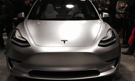 Silver Tesla Model 3 front corner at the Avaya Stadium, Nov 5, 2016