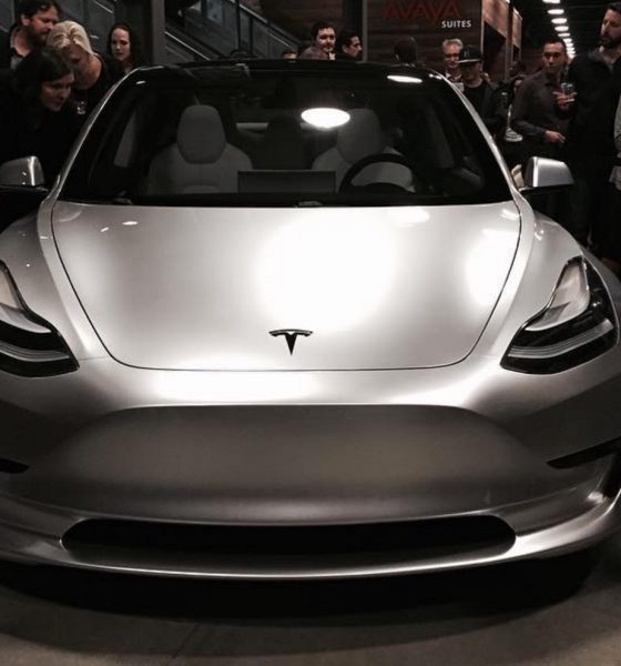 Silver Tesla Model 3 front corner at the Avaya Stadium, Nov 5, 2016