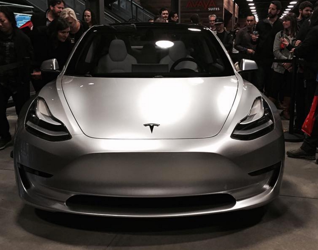 Silver Tesla Model 3 front corner at the Avaya Stadium, Nov 5, 2016