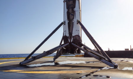 Falcon 9 on the droneship after launching JCSAT-14 | Credit: SpaceX