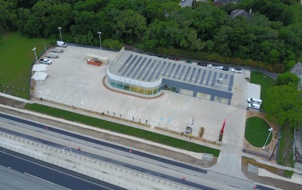 Drone shot of the new Tesla San Antonio Service Center reveal solar