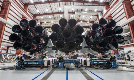 Falcon Heavy's 27 engines on display at 39A. The white material on the left and right engines are indicative of flight-proven boosters. (SpaceX)