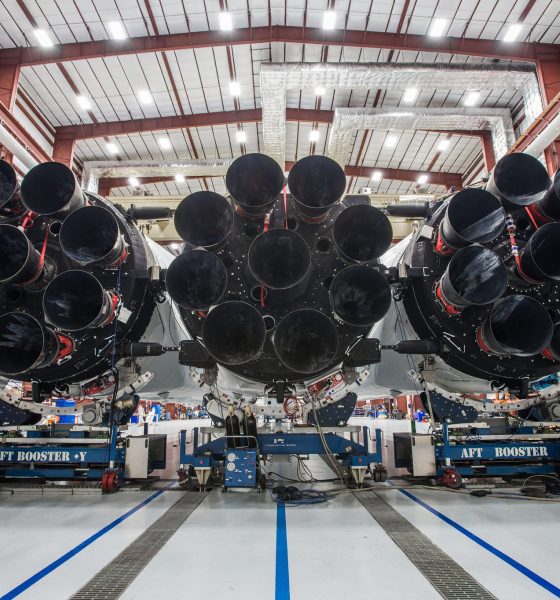 Falcon Heavy's 27 engines on display at 39A. The white material on the left and right engines are indicative of flight-proven boosters. (SpaceX)