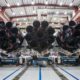 Falcon Heavy's 27 engines on display at 39A. The white material on the left and right engines are indicative of flight-proven boosters. (SpaceX)