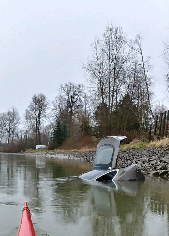 Stolen Tesla Model S river [Credit: The Langley Times/Facebook]