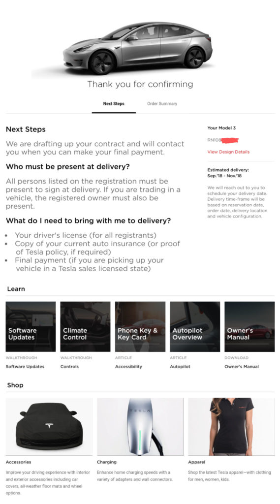 Tesla updates Model 3 order confirmation page to bolster 5minute delivery process