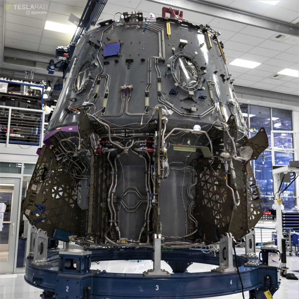 The first truly crewed Crew Dragon is seen here in the late stages of assembly at SpaceX's Hawthorne factory, August 13. (Pauline Acalin)