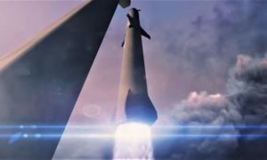 SpaceX's BFR booster and spaceship lift off on the first private, crewed mission around the Moon. (SpaceX)