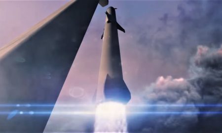 SpaceX's BFR booster and spaceship lift off on the first private, crewed mission around the Moon. (SpaceX)