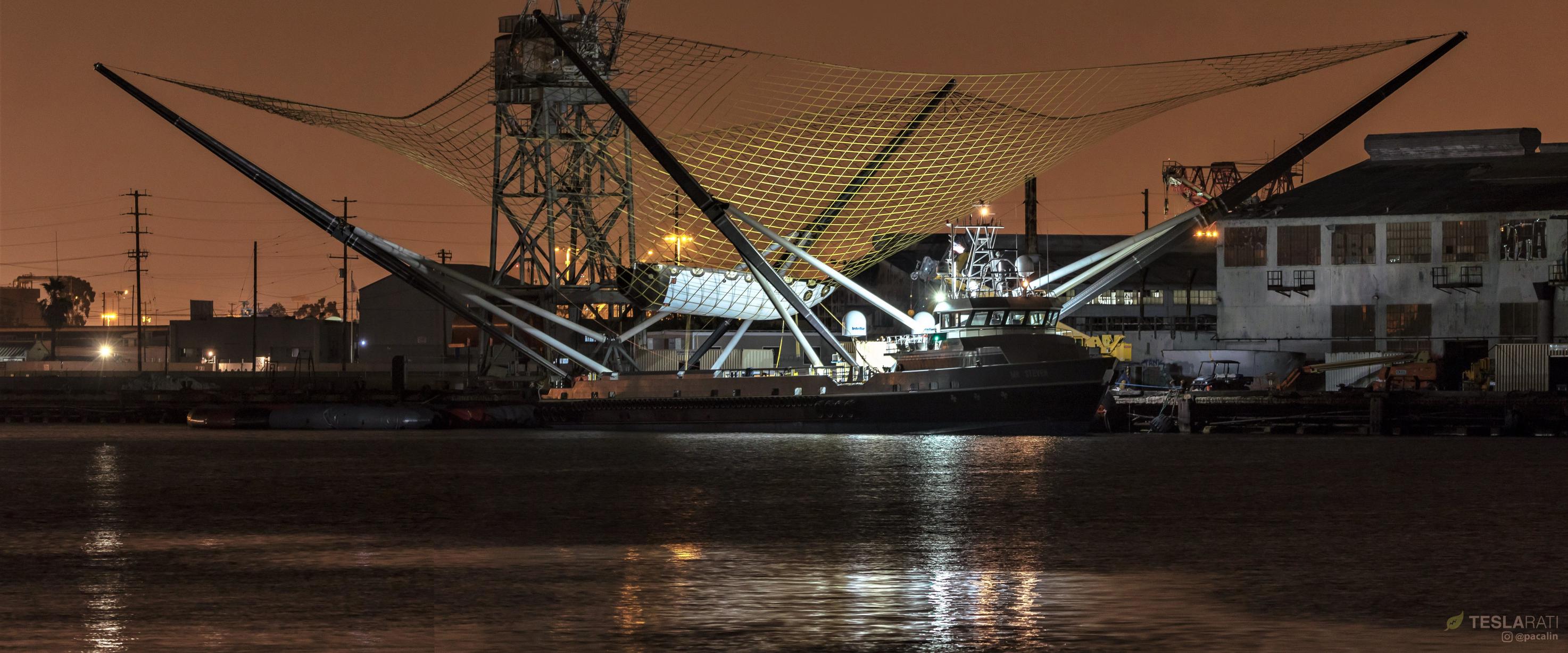 Mr. Steven returned to Port of San Pedro around on October 8th after a day spent at sea, apparently with a Falcon fairing half in tow. This is the second known time that a fairing has been in Mr. Steven's net. The fairing was eventually lifted off around noon the following day.