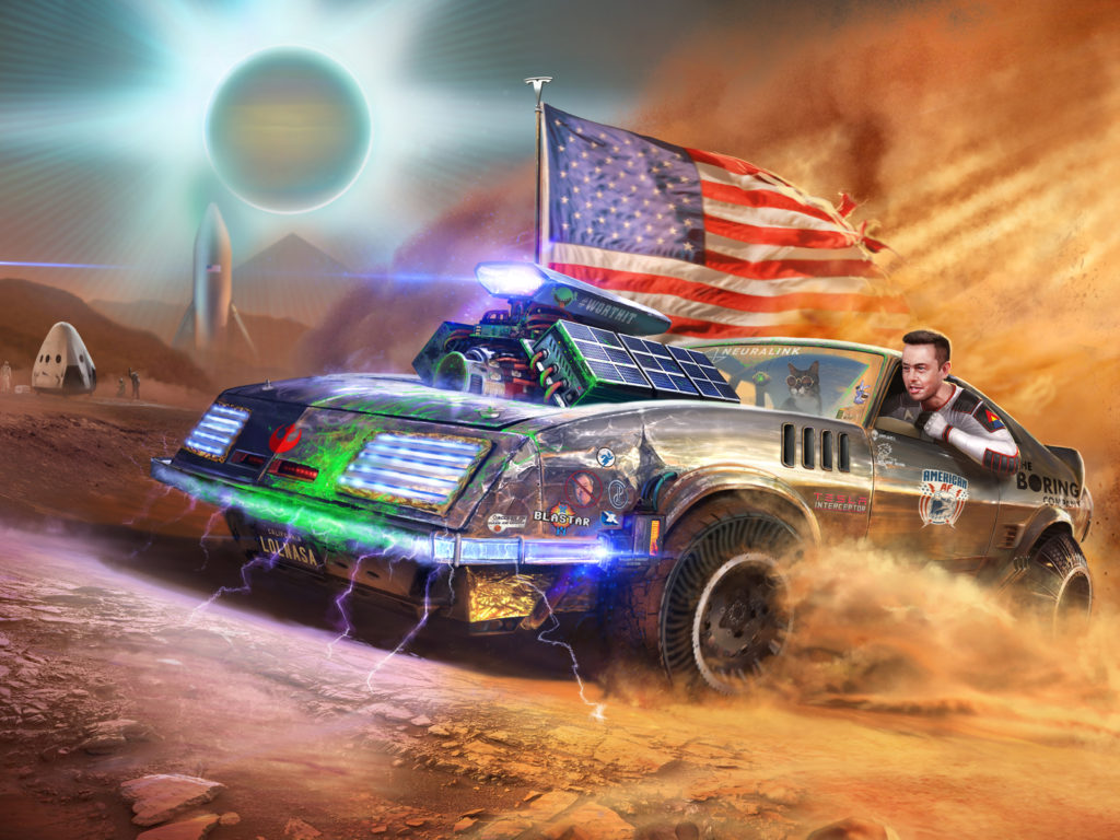 Tesla enthusiast celebrates Elon Musk's daring, rebellious streak in epic illustration