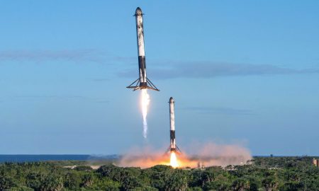 USAF photographer James Rainier's remote camera captured this spectacular view of Falcon Heavy Block 5 side boosters B1052 and B1053 returning to SpaceX Landing Zones 1 and 2. (USAF - James Rainier)