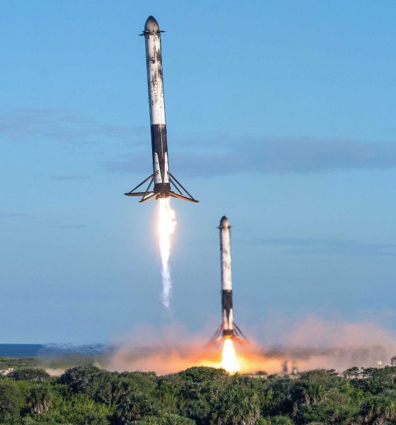 USAF photographer James Rainier's remote camera captured this spectacular view of Falcon Heavy Block 5 side boosters B1052 and B1053 returning to SpaceX Landing Zones 1 and 2. (USAF - James Rainier)