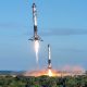 USAF photographer James Rainier's remote camera captured this spectacular view of Falcon Heavy Block 5 side boosters B1052 and B1053 returning to SpaceX Landing Zones 1 and 2. (USAF - James Rainier)