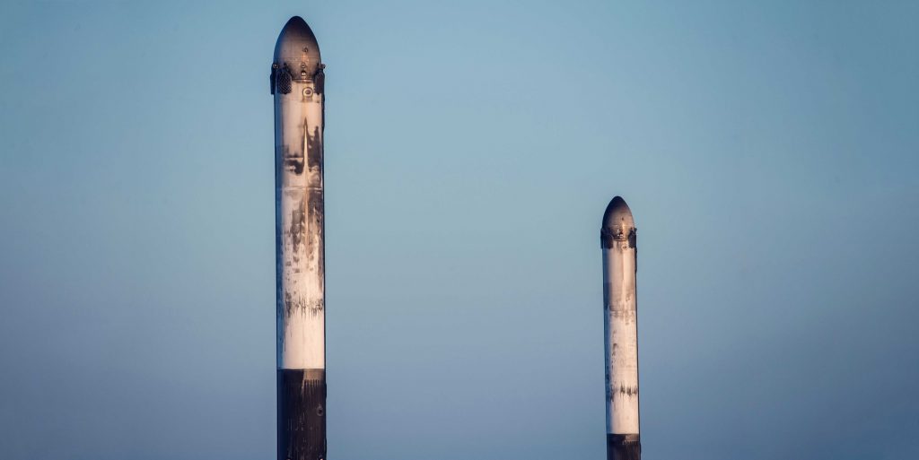 Mission complete! Taken by Airmen Alex Preisser, this photo shows B1052 and B1053 shortly after coming to a rest at SpaceX's Landing Zones.