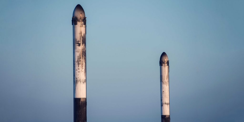 Mission complete! Taken by Airmen Alex Preisser, this photo shows B1052 and B1053 shortly after coming to a rest at SpaceX's Landing Zones. 