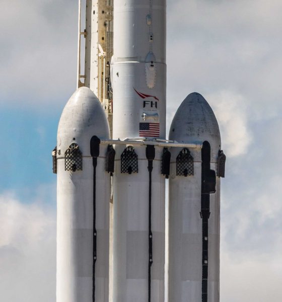 Falcon Heavy Flight 2. The booster in the middle - B1055 - was effectively sheared in half after tipping over aboard drone ship OCISLY. (Pauline Acalin)