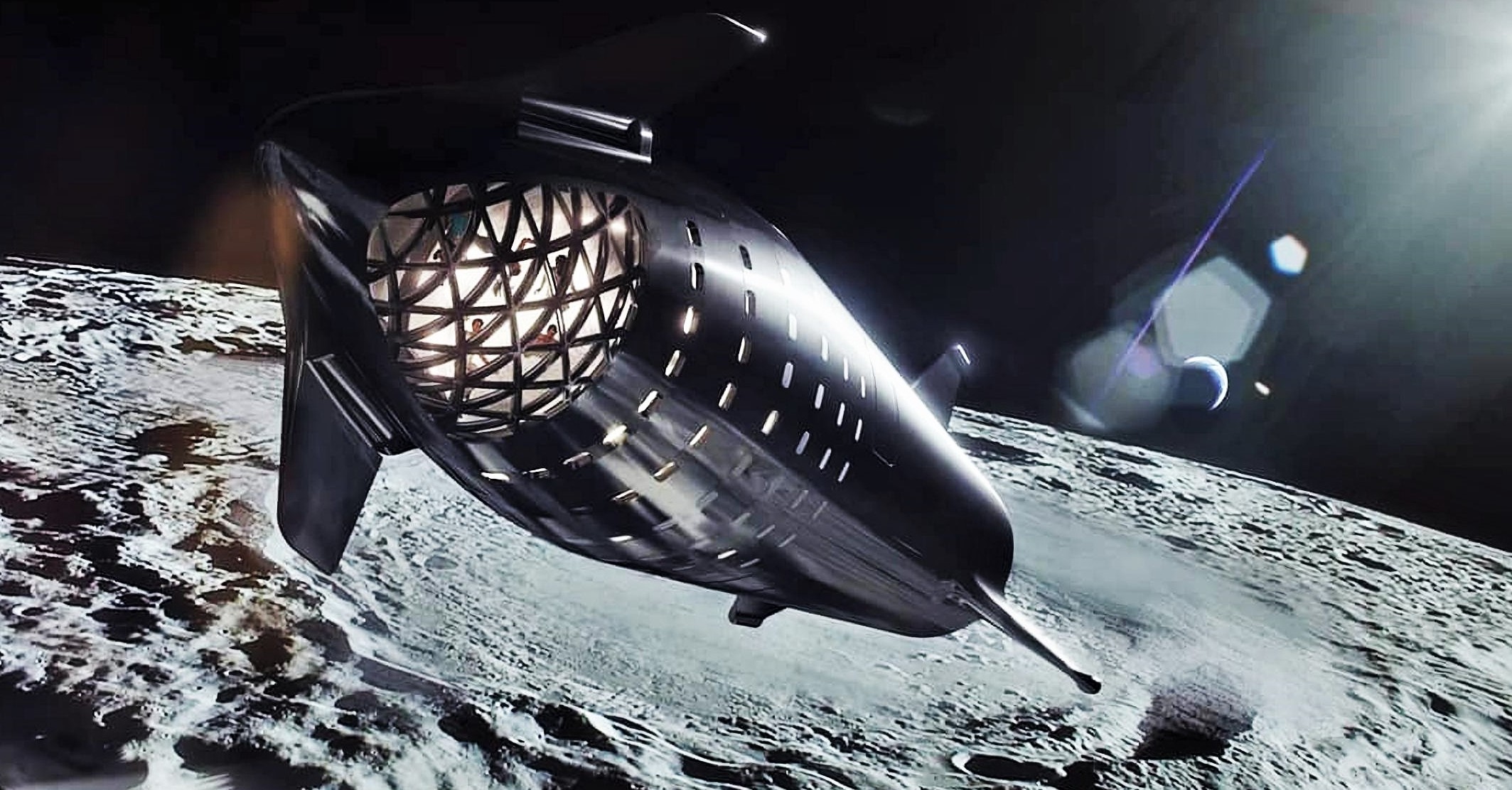 A steel Starship soars around the Moon in this official render. (SpaceX)