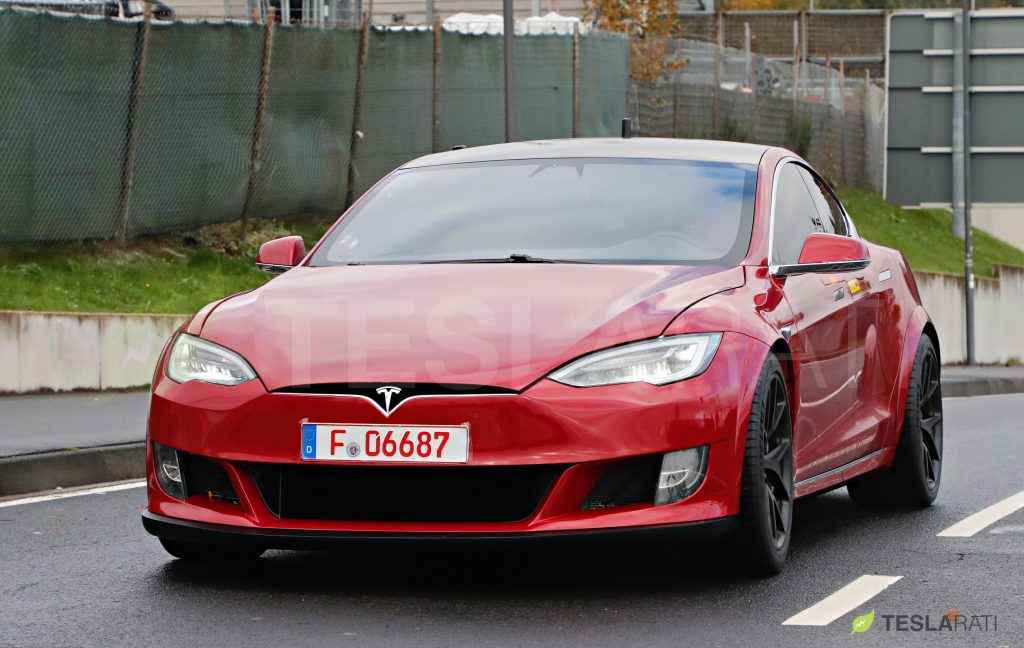 Red Tesla Model S P100D+ spotted at the Nurburgring with upgrade front spoiler (Photo: Teslarati)