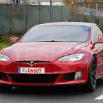 Red Tesla Model S P100D+ spotted at the Nurburgring with upgrade front spoiler (Photo: Teslarati)