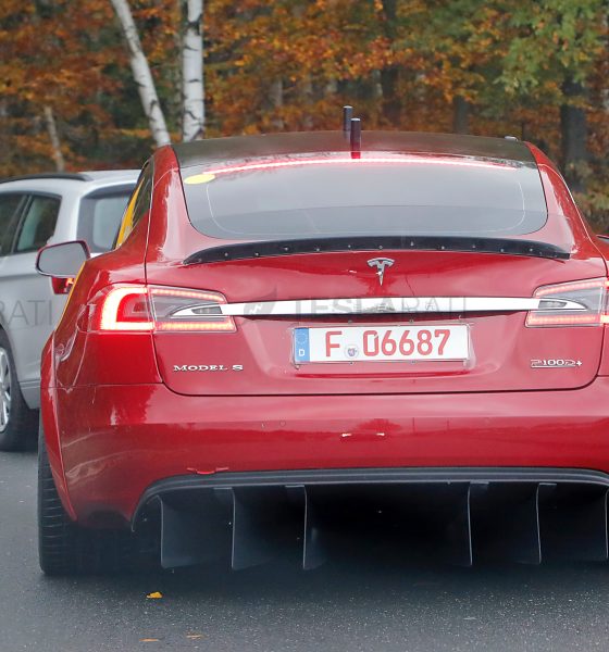 Red Tesla Model S P100D+ badge