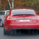 Red Tesla Model S P100D+ badge