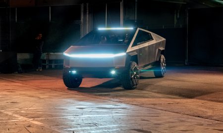 Tesla Cybertruck headlights light up the route in Los Angeles test ride on Nov. 21, 2019
