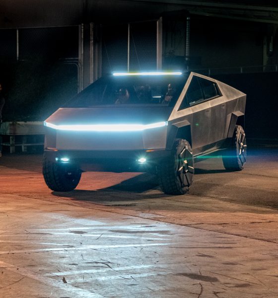 Tesla Cybertruck headlights light up the route in Los Angeles test ride on Nov. 21, 2019