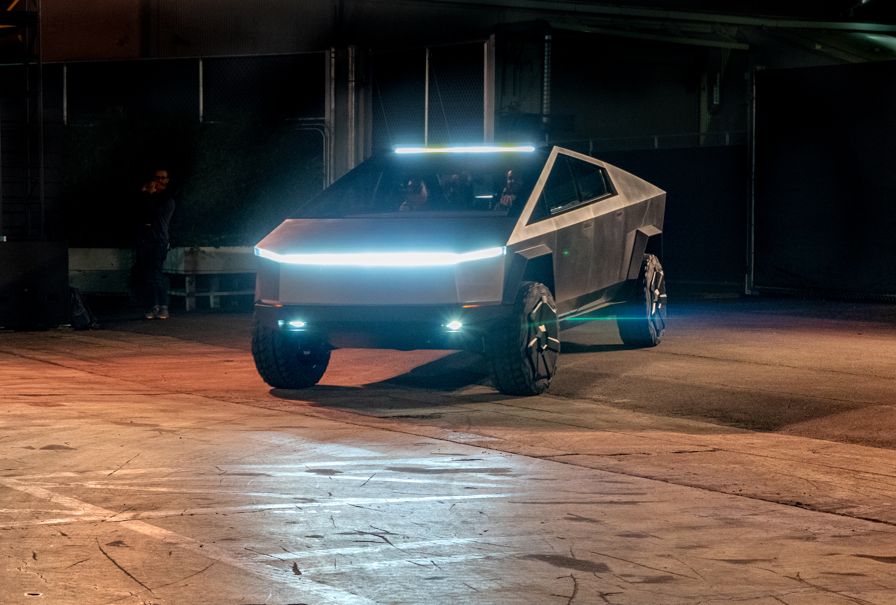 Tesla Cybertruck headlights light up the route in Los Angeles test ride on Nov. 21, 2019