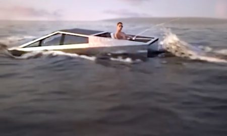 Tesla Cybertruck boat in water render