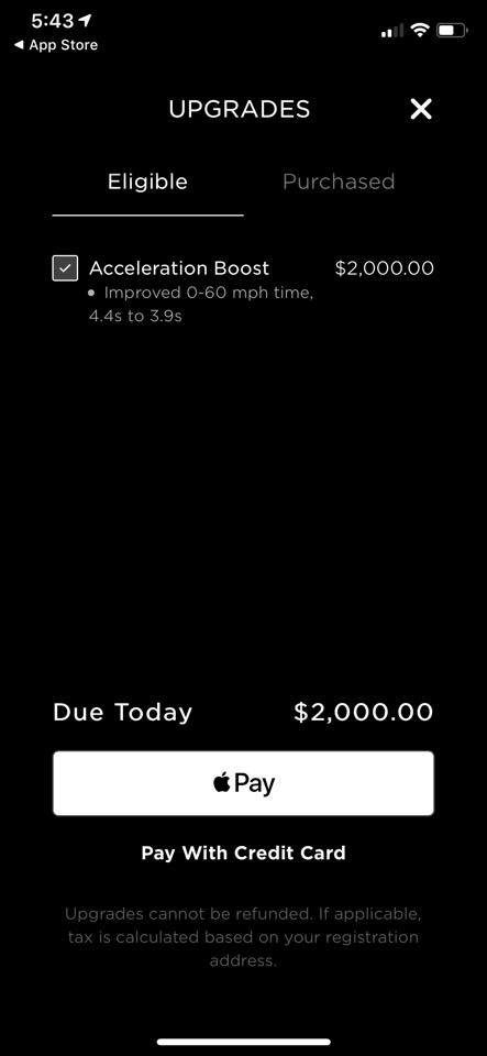 Tesla mobile app: Model 3 acceleration boost order page (Credit: Mark Gillund‎ via Tesla Model 3 Facebook Group)