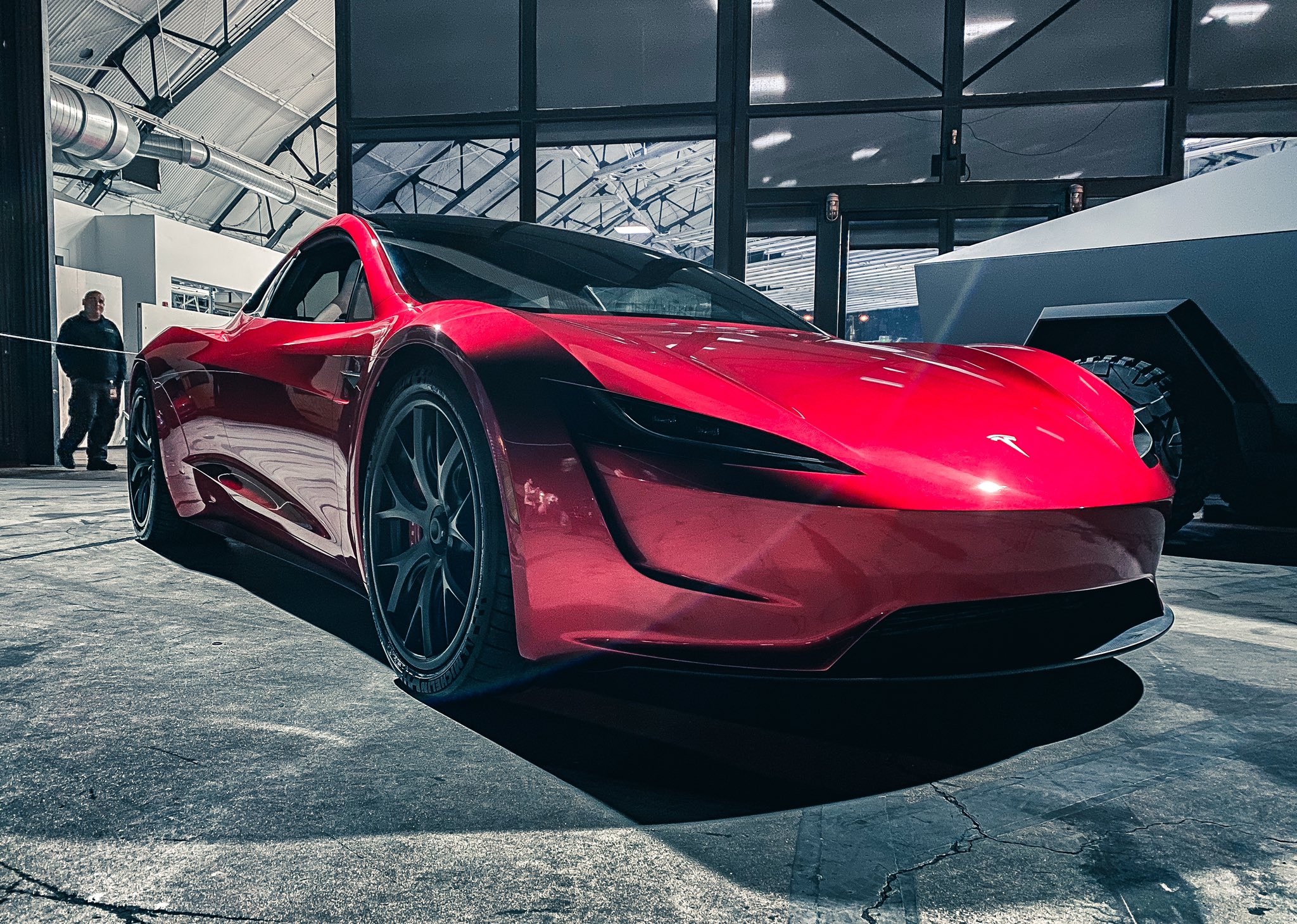 Next-gen Tesla Roadster and Cybertruck at Hawthorne Design Center, 2019 Tesla Holiday Party (Credit: giftedkick_/Instagram)