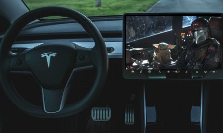 Tesla Model 3 playing Disney Plus video