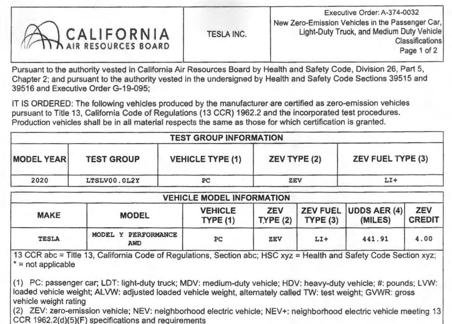 Tesla Model Y Performance CARB Certification